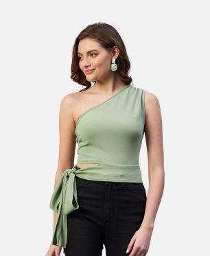 Pista Green Colour One Shoulder Solid Top