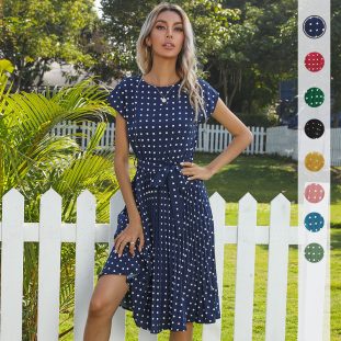 Summer Women Polka Dot Short Sleeve Dress - Casual Bandage Party Pleated Midi Dress Elegant Green Office Lady Clothing